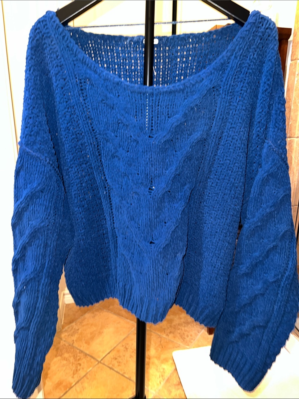 Free People Royal Blue Off-the-Shoulder Cable Knit Sweater